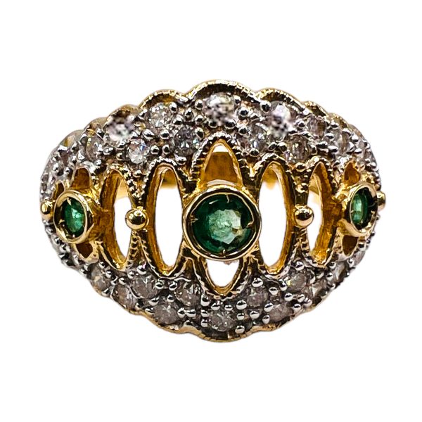 14k Yellow Gold Emerald Diamond Cluster Ring, size 6.75