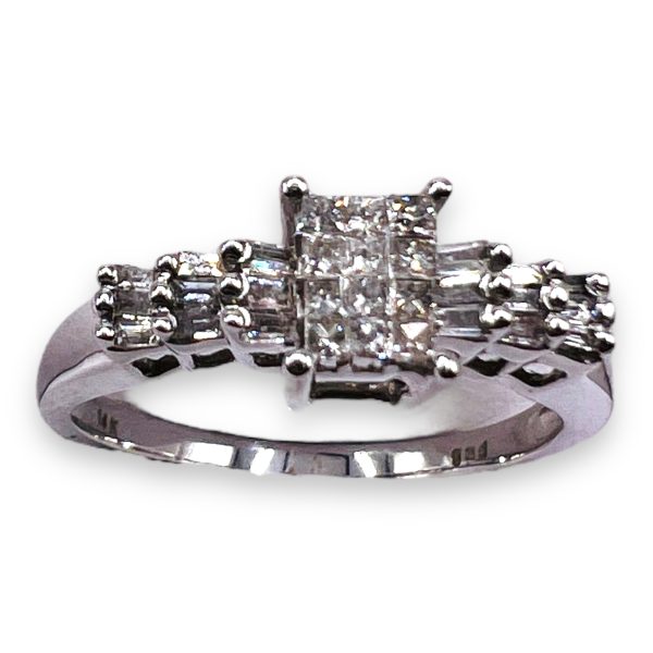 14k Gold Diamond Cluster Ring with Baguette Side Stones - Image 3