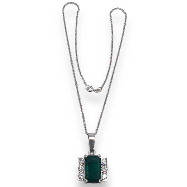 Emerald & Diamond Framed Pendant Necklace | 14k White Gold