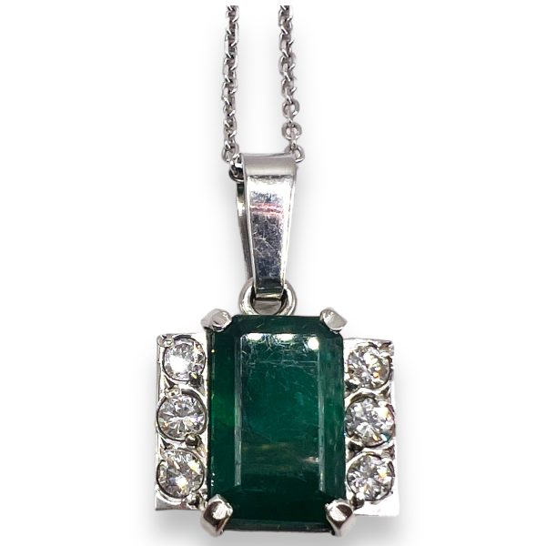 Emerald & Diamond Framed Pendant Necklace | 14k White Gold - Image 7