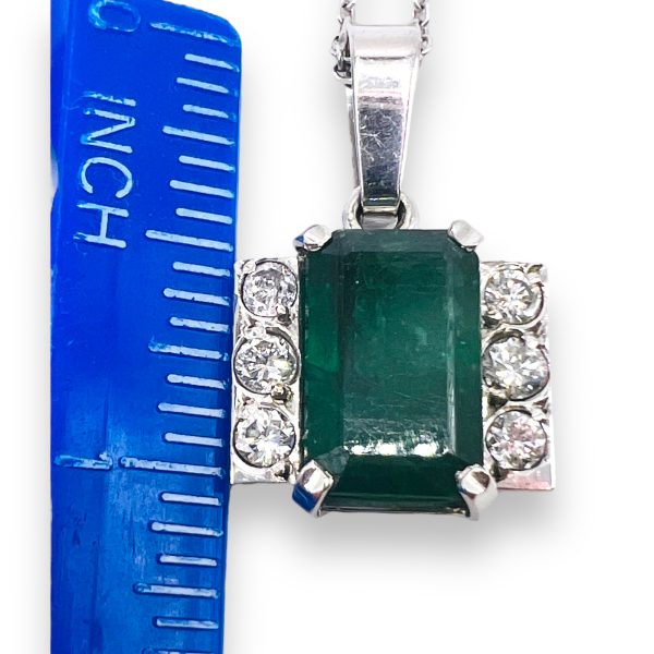 Emerald & Diamond Framed Pendant Necklace | 14k White Gold - Image 10