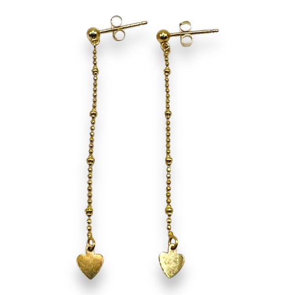 14k Gold Hearts Dangle Earrings with Dangling Gold Beads - Image 4