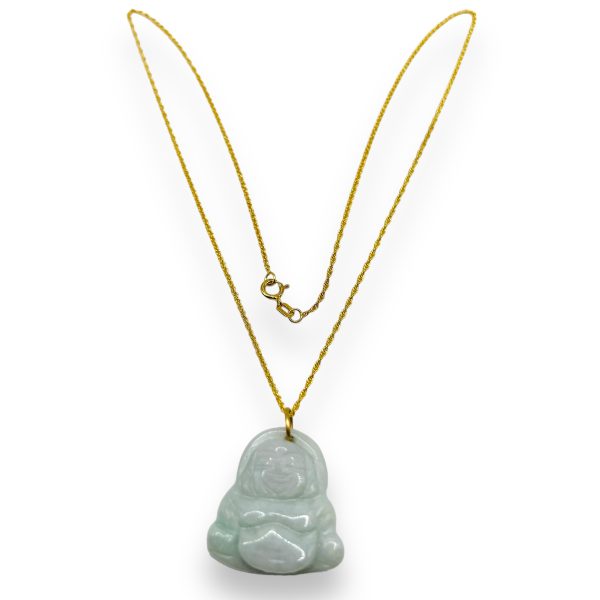 Jade Buddha Pendant Necklace 14K Real Yellow Gold Chain