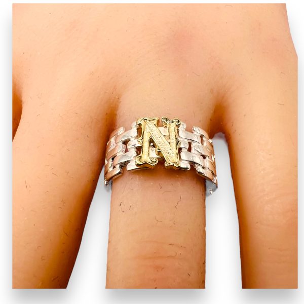 Wide Band Brickwork Initial 'N' Ring 10k Gold Letter, Size 8 - Image 9