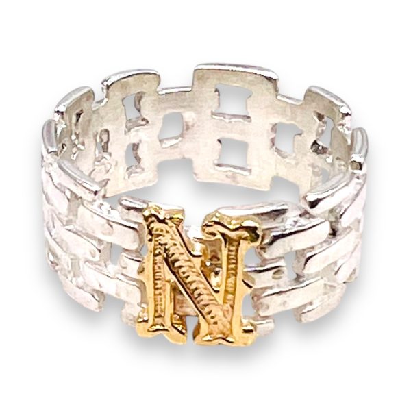 Wide Band Brickwork Initial 'N' Ring 10k Gold Letter, Size 8 - Image 6