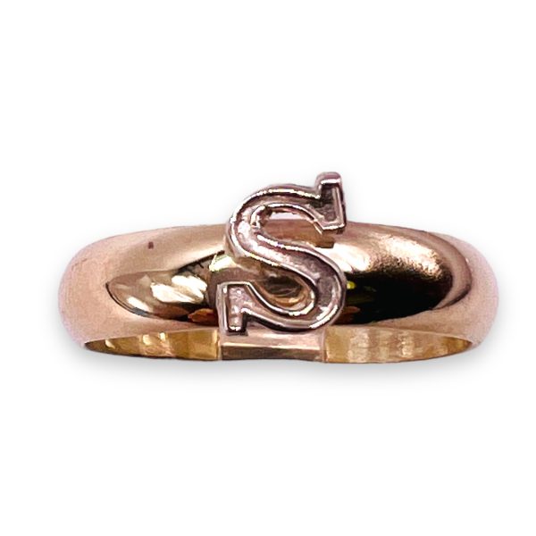 Ring with Initial S Letter 10k White & Yellow Gold, sz 5 - Image 2