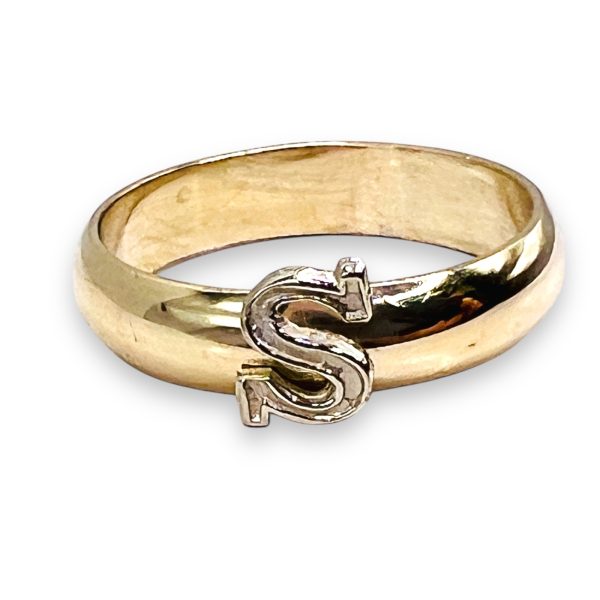 Ring with Initial S Letter 10k White & Yellow Gold, sz 5