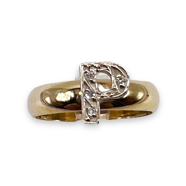 Diamond Letter Ring Initial "P" 10k White & Yellow Gold, sz 5