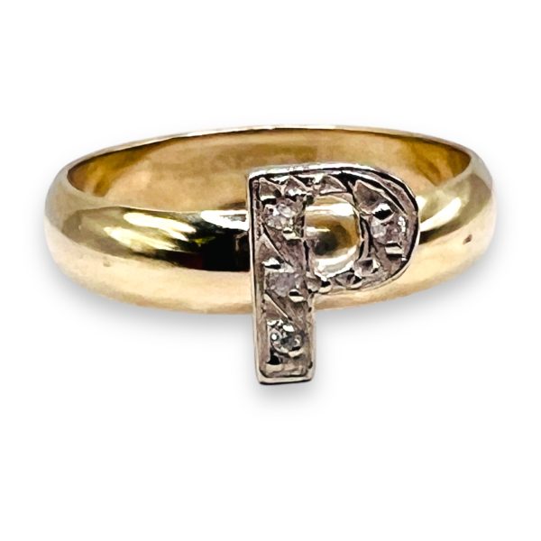 Diamond Letter Ring Initial "P" 10k White & Yellow Gold, sz 5 - Image 7