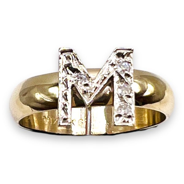 Ring With Diamond Initial Letter “M” 10k White & Yellow Gold