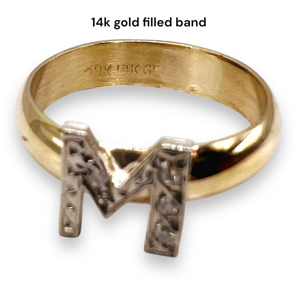 Ring With Diamond Initial Letter “M” 10k White & Yellow Gold - Image 5