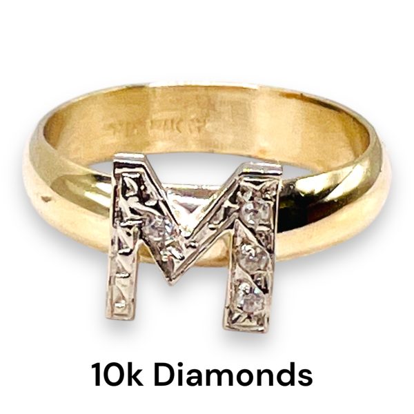 Ring With Diamond Initial Letter “M” 10k White & Yellow Gold - Image 6