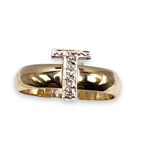 Diamond Letter Ring "T" 10k White & Yellow Gold, sz 5 - Image 2