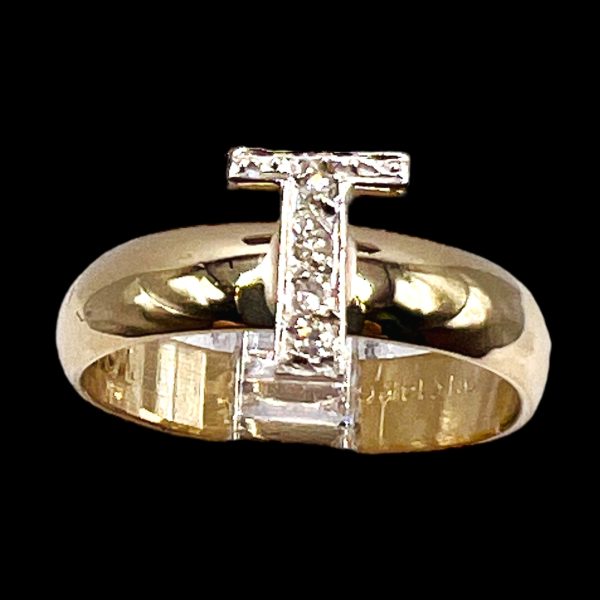 Diamond Letter Ring "T" 10k White & Yellow Gold, sz 5 - Image 3