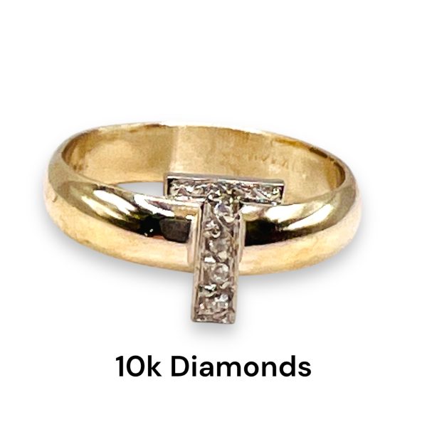 Diamond Letter Ring "T" 10k White & Yellow Gold, sz 5 - Image 12