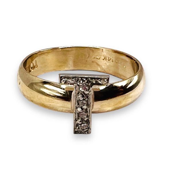 Diamond Letter Ring "T" 10k White & Yellow Gold, sz 5 - Image 8