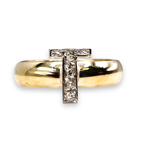 Diamond Letter Ring "T" 10k White & Yellow Gold, sz 5