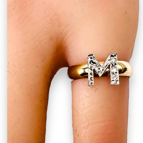 Ring With Diamond Initial Letter “M” 10k White & Yellow Gold - Image 8