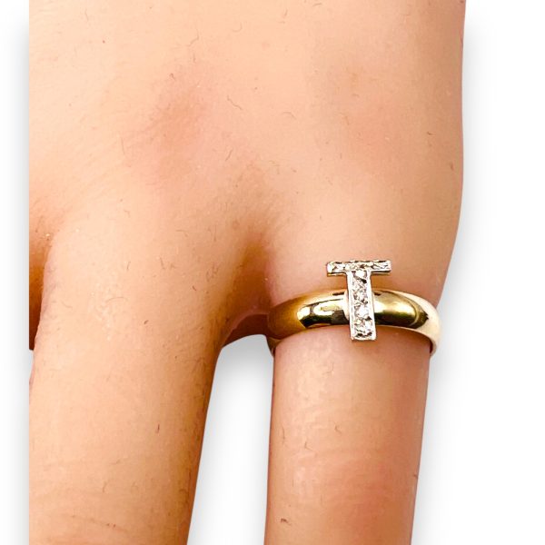 Diamond Letter Ring "T" 10k White & Yellow Gold, sz 5 - Image 13