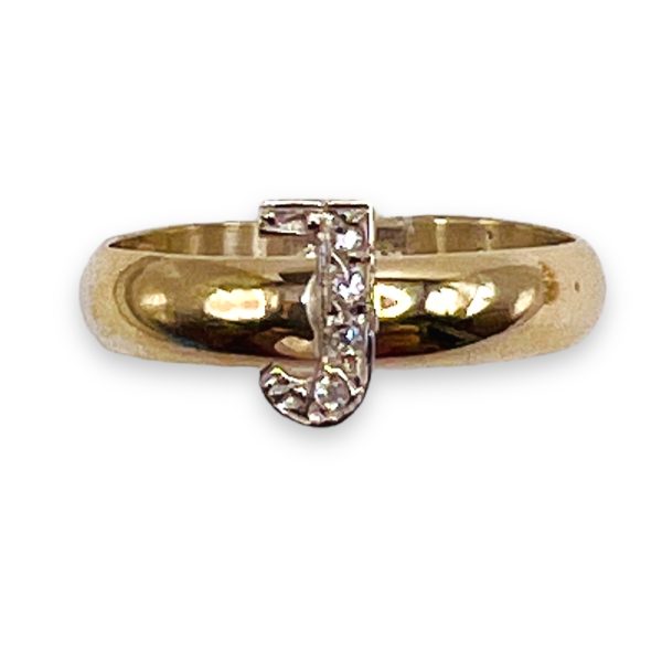 Ring With Diamond Initial "J" 10k White & Yellow Gold, sz 7 - Image 2