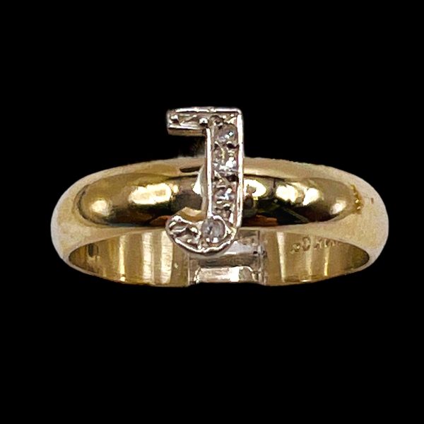 Ring With Diamond Initial "J" 10k White & Yellow Gold, sz 7 - Image 4