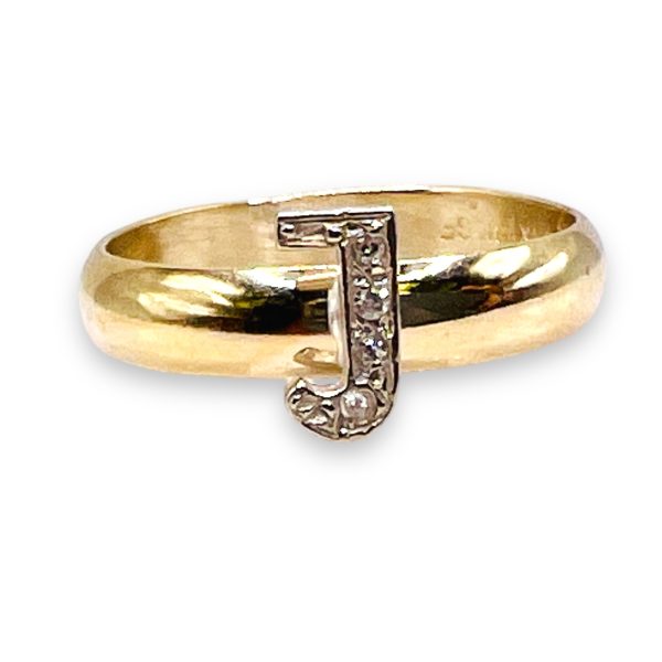 Ring With Diamond Initial "J" 10k White & Yellow Gold, sz 7