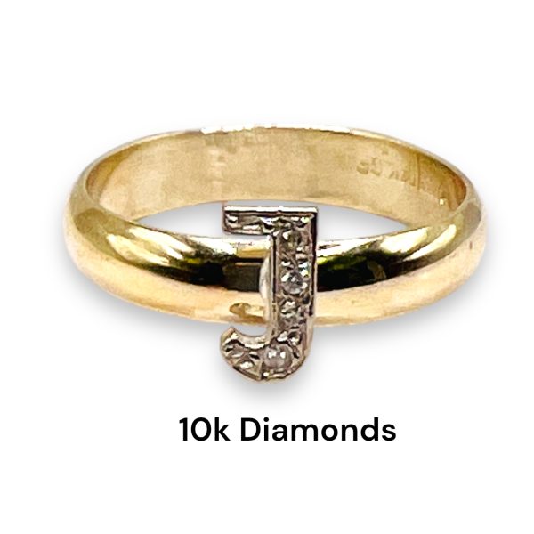 Ring With Diamond Initial "J" 10k White & Yellow Gold, sz 7 - Image 6