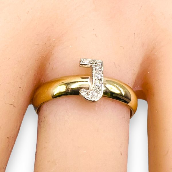 Ring With Diamond Initial "J" 10k White & Yellow Gold, sz 7 - Image 13