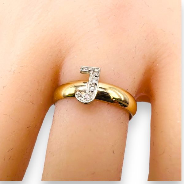 Ring With Diamond Initial "J" 10k White & Yellow Gold, sz 7 - Image 10