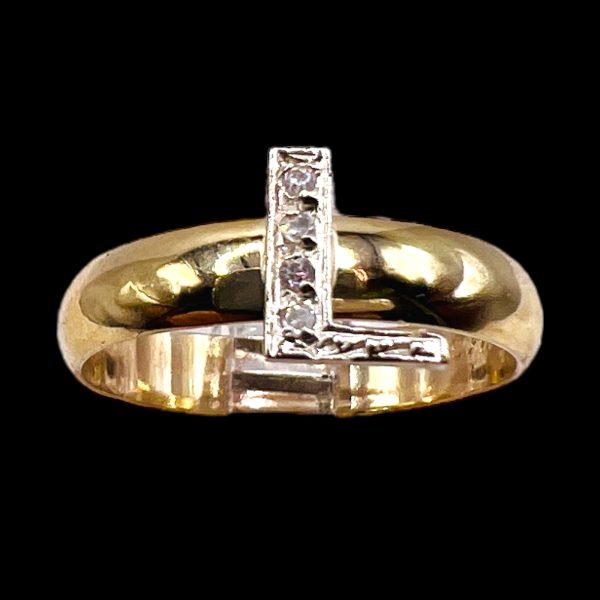 Diamond Initial Ring "L" 10k White & Yellow Gold, sz 7 - Image 2