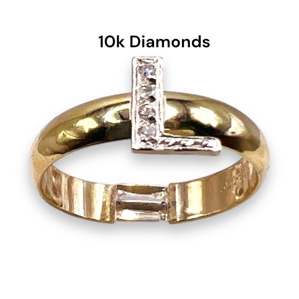 Diamond Initial Ring "L" 10k White & Yellow Gold, sz 7 - Image 4