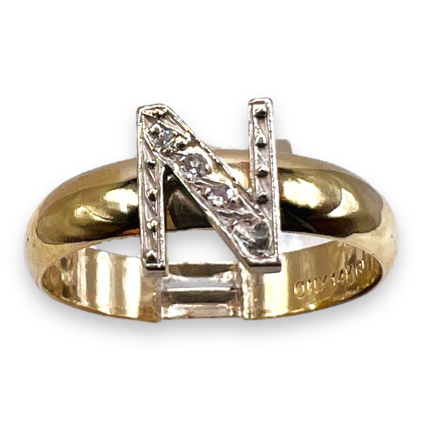 Diamond Initial Ring "N" 10k White & Yellow Gold, sz 7 - Image 2