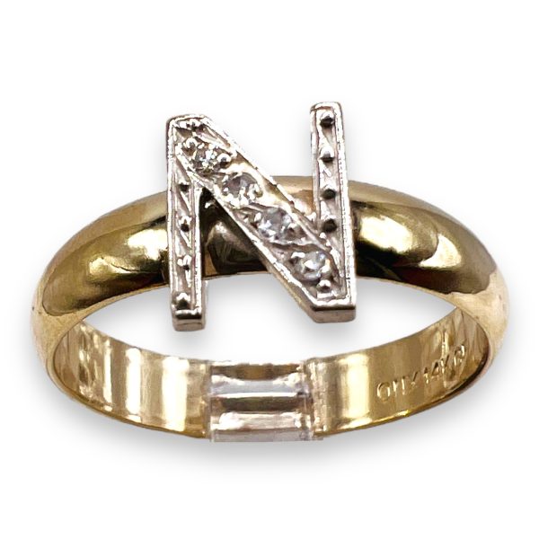 Diamond Initial Ring "N" 10k White & Yellow Gold, sz 7 - Image 3