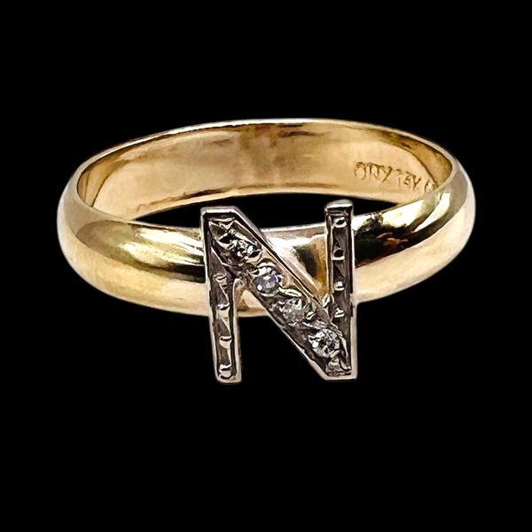 Diamond Initial Ring "N" 10k White & Yellow Gold, sz 7 - Image 7