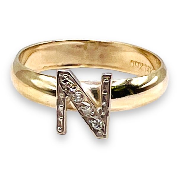 Diamond Initial Ring "N" 10k White & Yellow Gold, sz 7