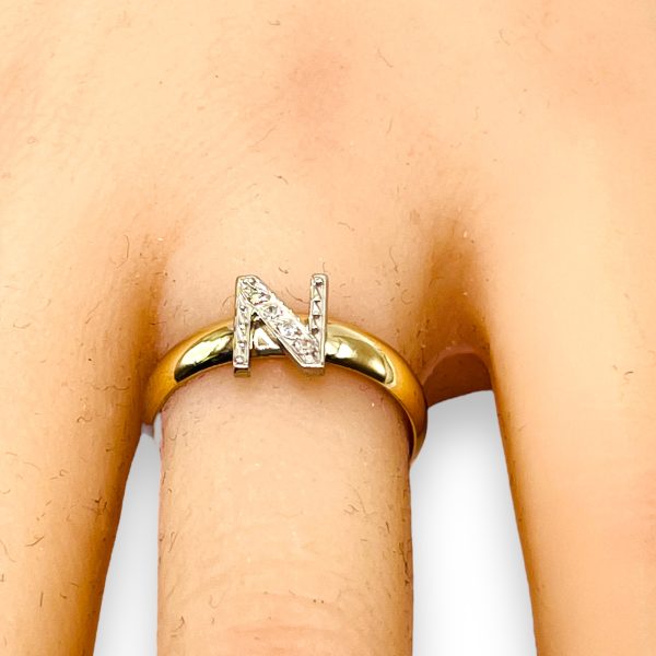 Diamond Initial Ring "N" 10k White & Yellow Gold, sz 7 - Image 12