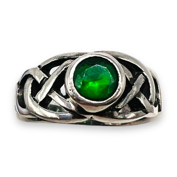 Irish Celtic Knot Ring with Round Green Stone, sz 4.75