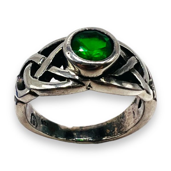 Irish Celtic Knot Ring with Round Green Stone, sz 4.75 - Image 2