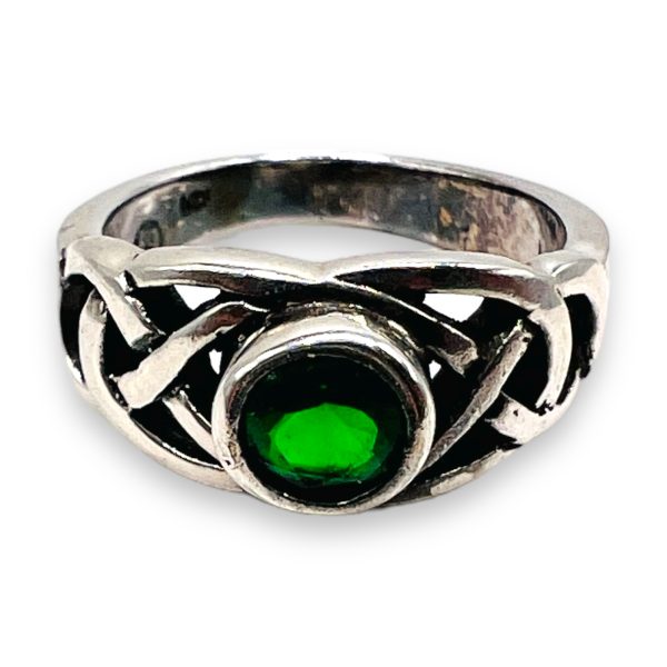 Irish Celtic Knot Ring with Round Green Stone, sz 4.75 - Image 7