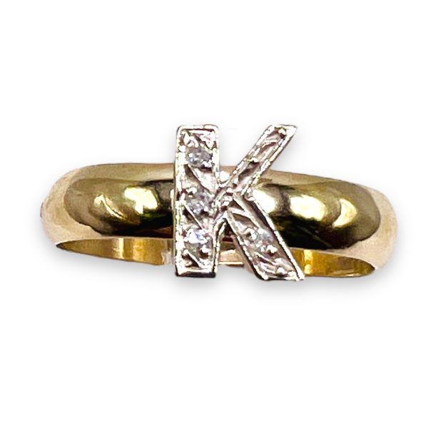 Ring With Diamond Initial Letter "K" 10k Two-Tone Gold, sz 7 - Image 2