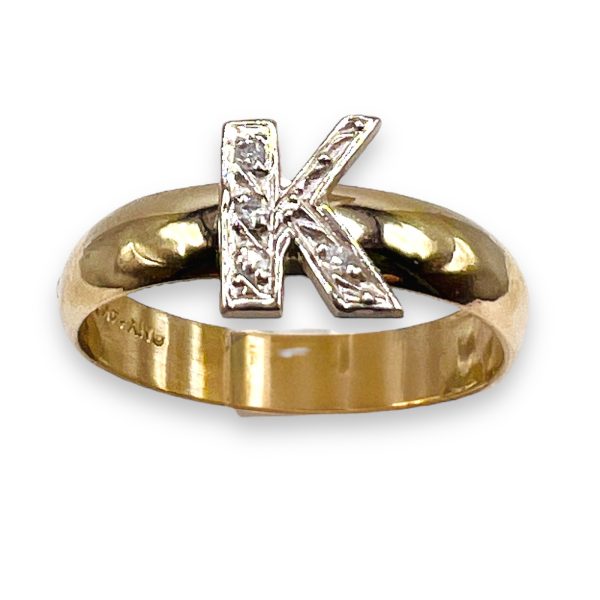 Ring With Diamond Initial Letter "K" 10k Two-Tone Gold, sz 7