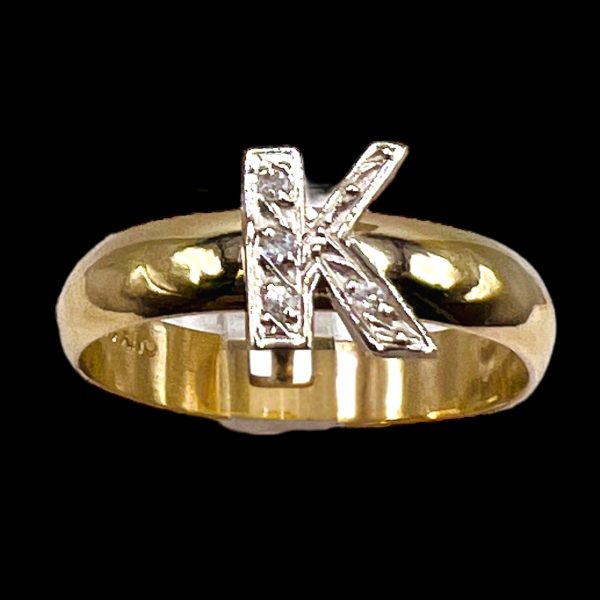 Ring With Diamond Initial Letter "K" 10k Two-Tone Gold, sz 7 - Image 5