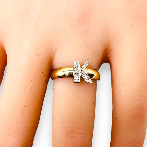 Ring With Diamond Initial Letter "K" 10k Two-Tone Gold, sz 7 - Image 13