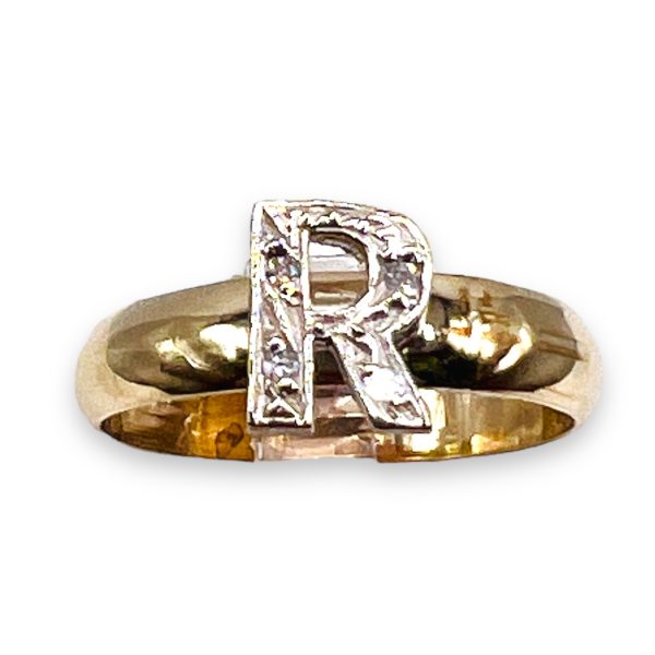 Diamond Letter Ring "R" 10k White & Yellow Gold, sz 7