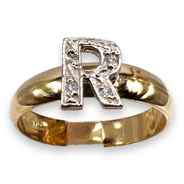 Diamond Letter Ring "R" 10k White & Yellow Gold, sz 7 - Image 2