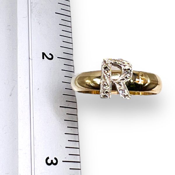 Diamond Letter Ring "R" 10k White & Yellow Gold, sz 7 - Image 3