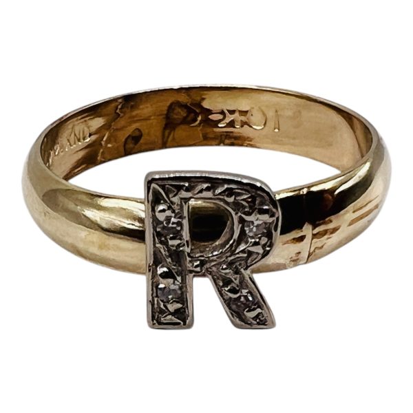 Diamond Letter Ring "R" 10k White & Yellow Gold, sz 7 - Image 5