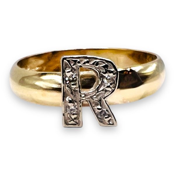 Diamond Letter Ring "R" 10k White & Yellow Gold, sz 7 - Image 6