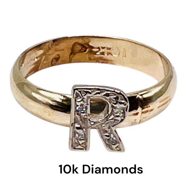 Diamond Letter Ring "R" 10k White & Yellow Gold, sz 7 - Image 9