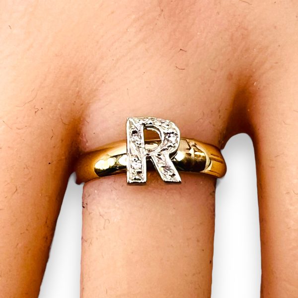 Diamond Letter Ring "R" 10k White & Yellow Gold, sz 7 - Image 10